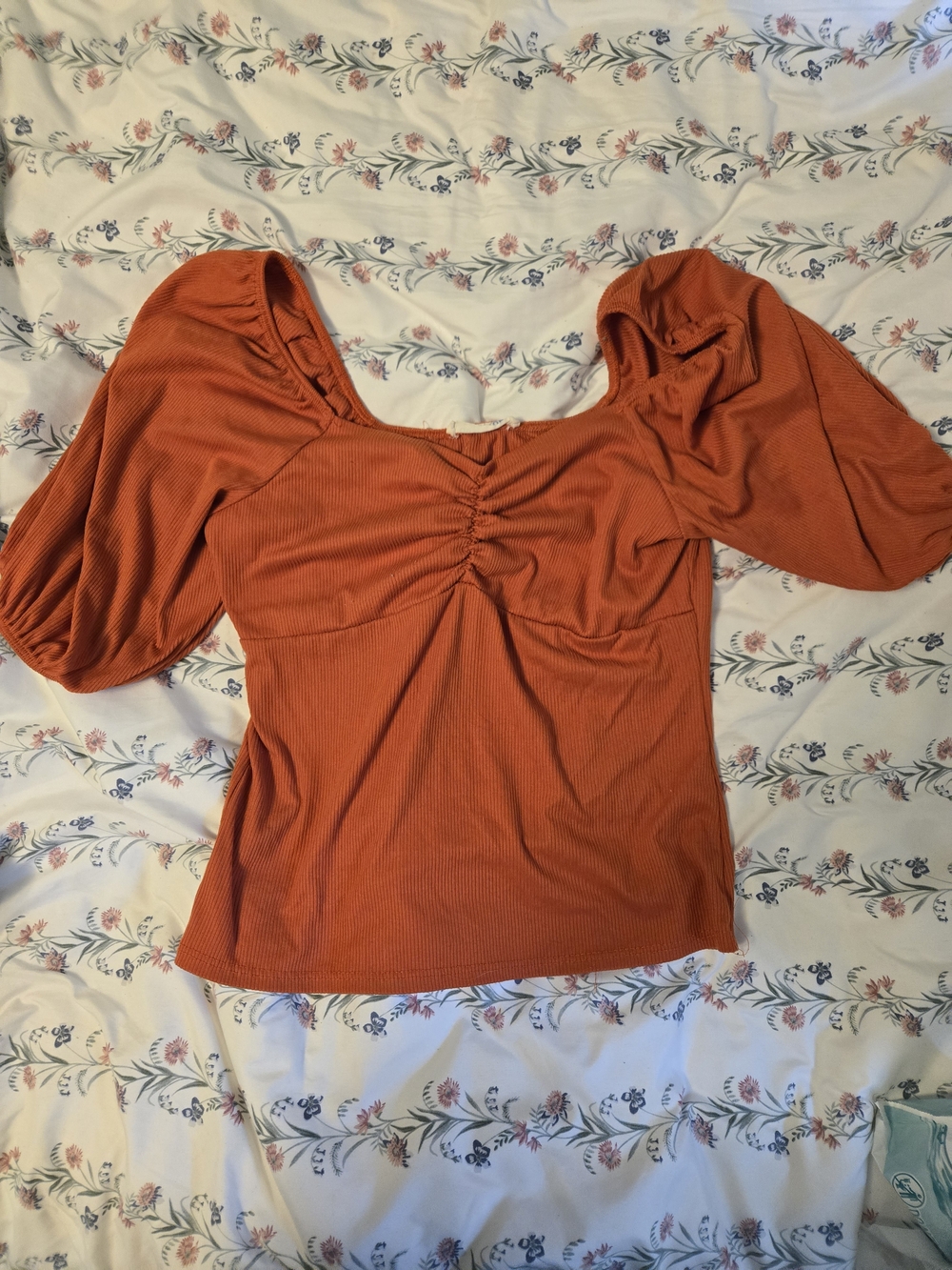 Japna Rust Orange Ruched Puff-Sleeve Top